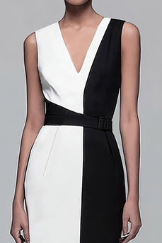 Black and White Pencil Patchwork V-Neck Long Work Dress