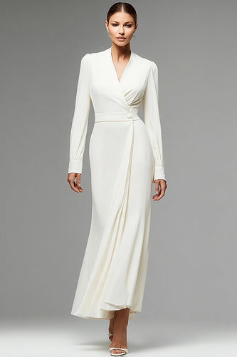 Ivory Chiffon Ruched Long Sleeves Work Dress