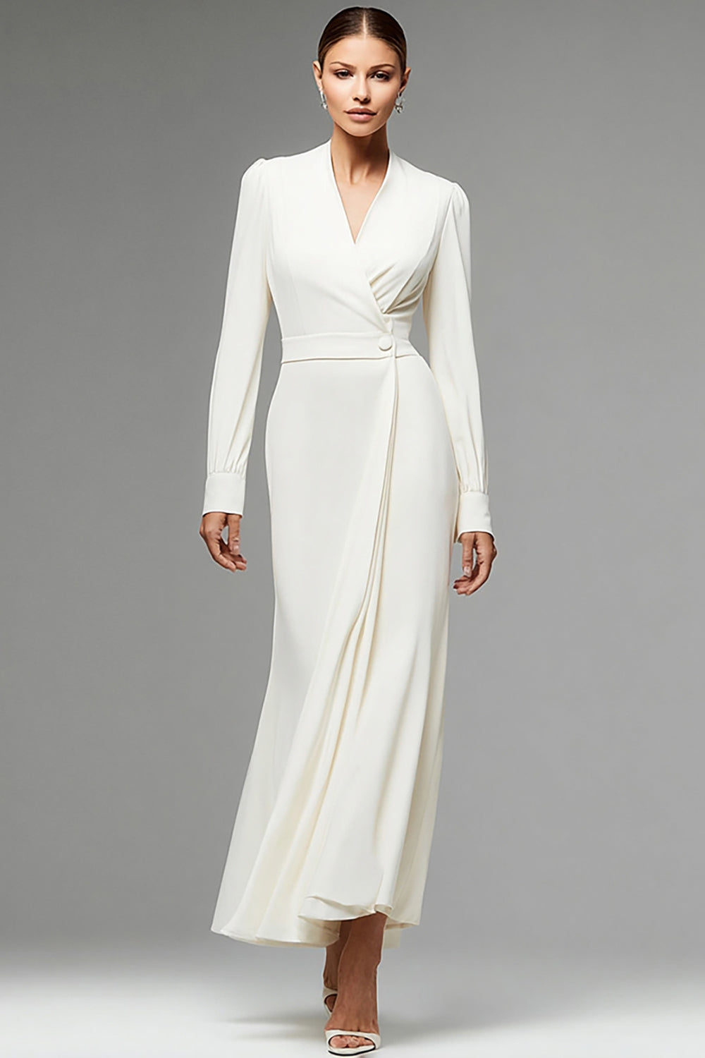 Ivory Chiffon Ruched Long Sleeves Work Dress