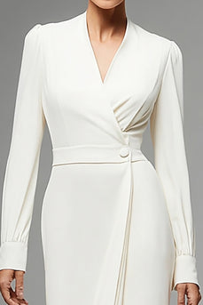 Ivory Chiffon Ruched Long Sleeves Work Dress