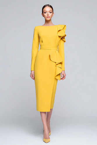 Yellow Pencil Ruffled Bateau Neck Long Work Dress with Sleeves