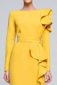 Yellow Pencil Ruffled Bateau Neck Long Work Dress with Sleeves
