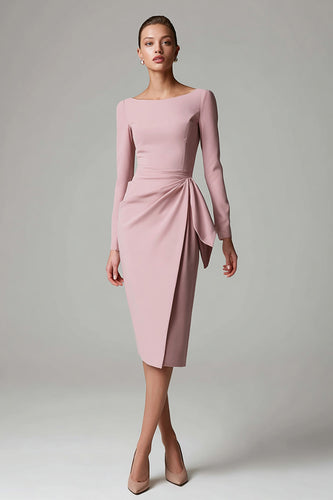 Pink Pencil Satin Boat Neck Midi Work Dress with Sash