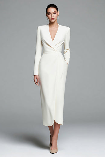 Ivory Satin Sheath V-Neck Long Sleeves Work Dress
