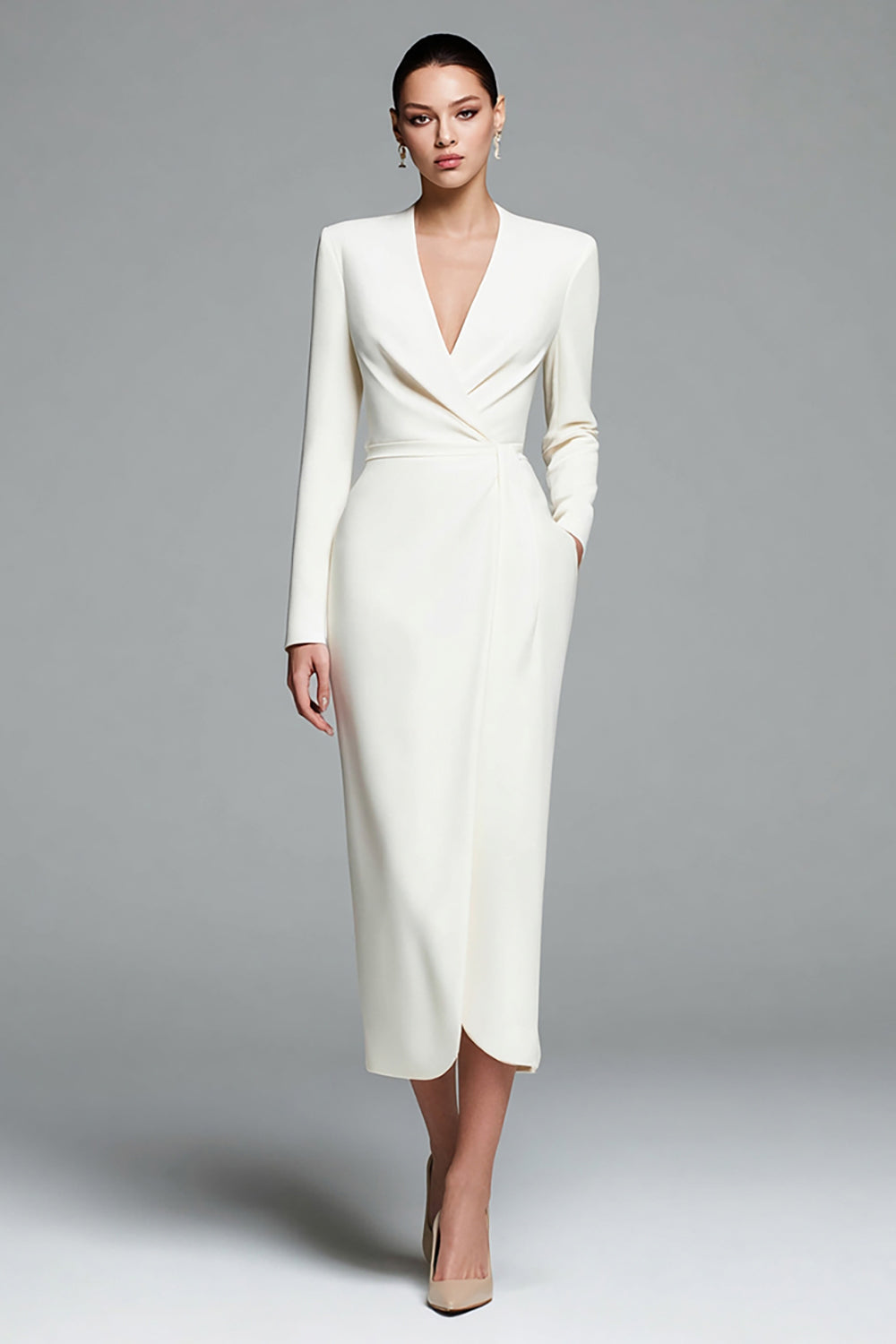 Ivory Satin Sheath V-Neck Long Sleeves Work Dress