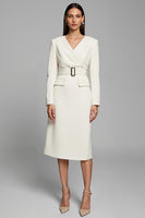 Load image into Gallery viewer, Ivory Pencil V-Neck Long Sleeves Midi Work Dress with Belt