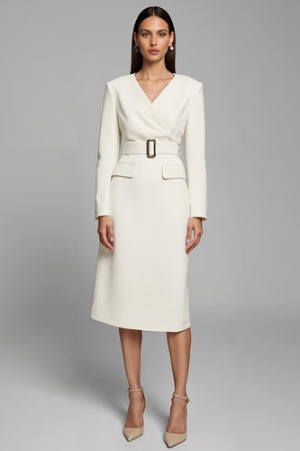 Ivory Pencil V-Neck Long Sleeves Midi Work Dress with Belt