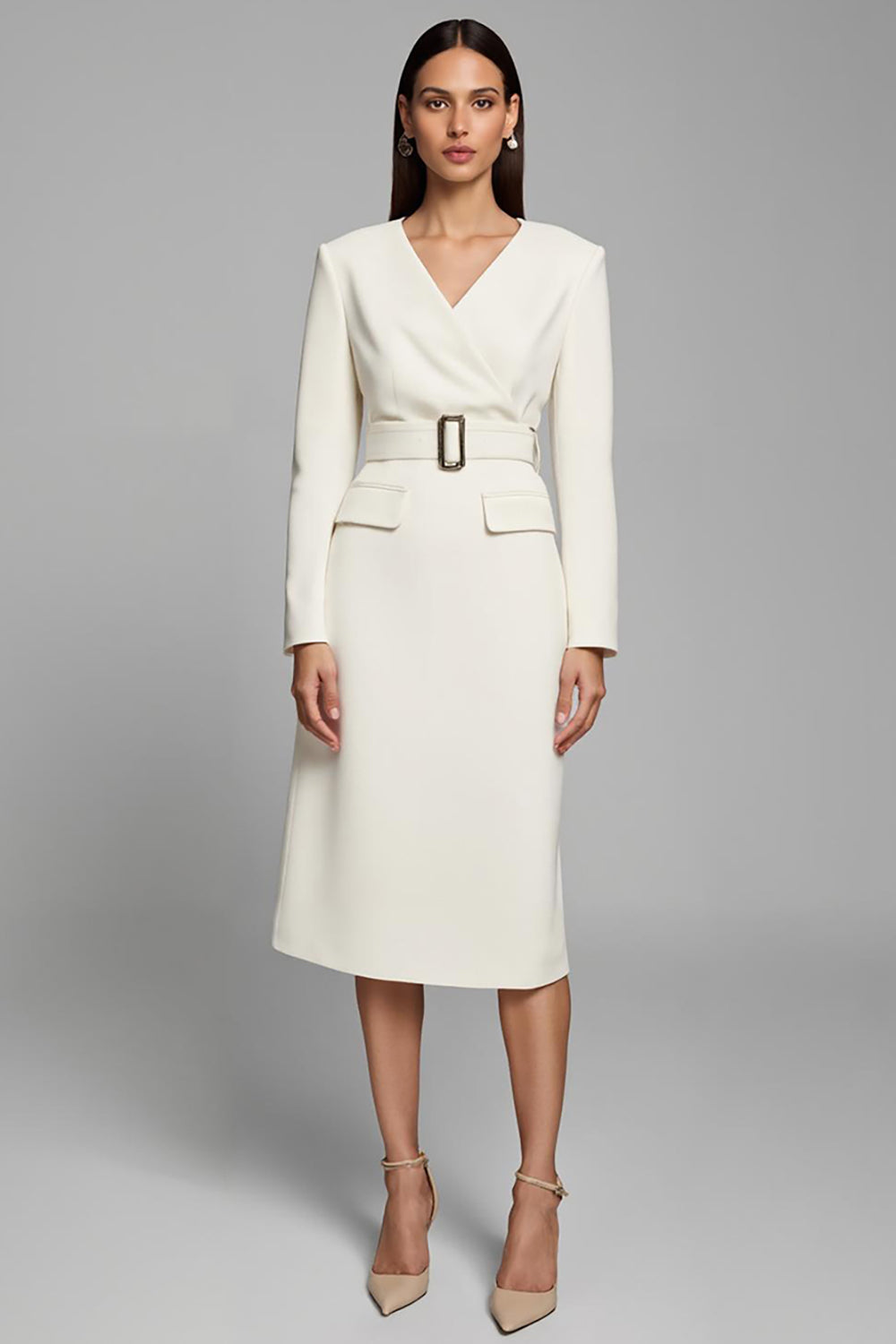 Ivory Pencil V-Neck Long Sleeves Midi Work Dress with Belt