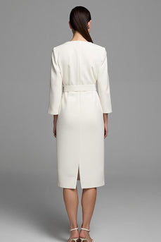 Ivory Pencil V-Neck Long Sleeves Midi Work Dress with Belt