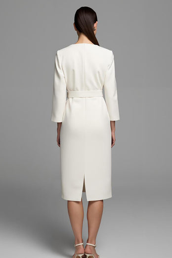 Ivory Pencil V-Neck Long Sleeves Midi Work Dress with Belt