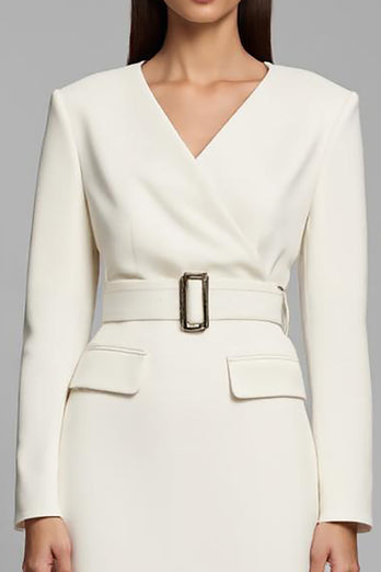 Ivory Pencil V-Neck Long Sleeves Midi Work Dress with Belt