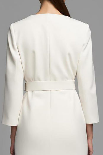 Ivory Pencil V-Neck Long Sleeves Midi Work Dress with Belt