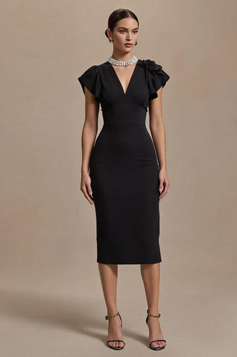 Black Satin Pencil V-Neck Midi Work Dress with Ruffles