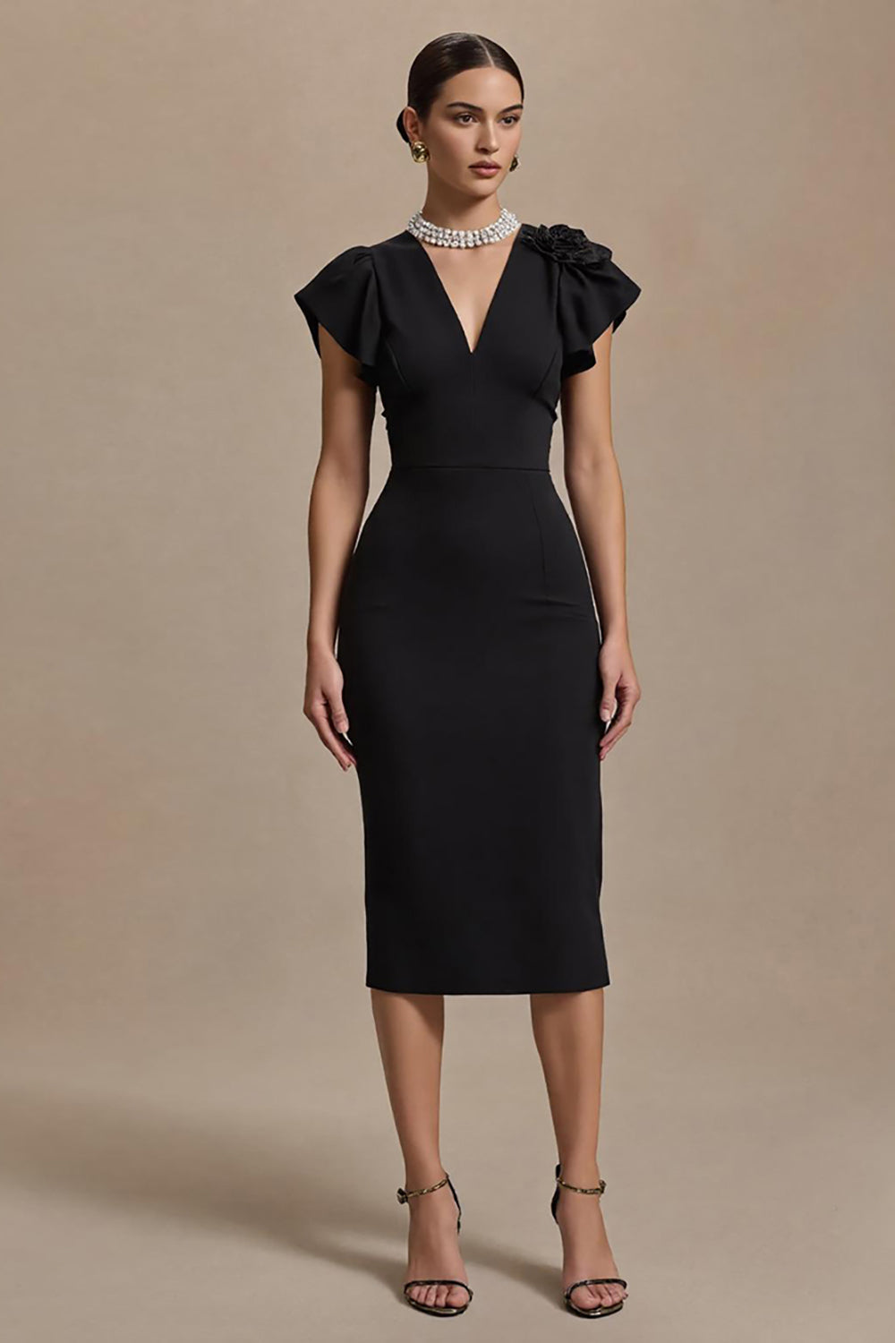 Black Satin Pencil V-Neck Midi Work Dress with Ruffles