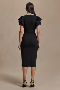 Black Satin Pencil V-Neck Midi Work Dress with Ruffles