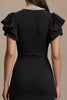 Load image into Gallery viewer, Black Satin Pencil V-Neck Midi Work Dress with Ruffles