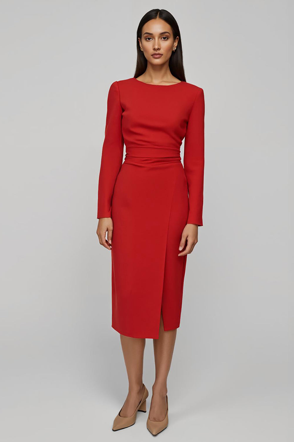 Red Satin Sheath Long Sleeves Midi Work Dress with Slit