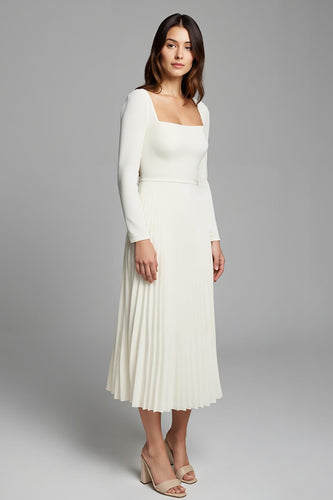 Ivory A Line Pleated Square Neck Long Sleeves Work Dress