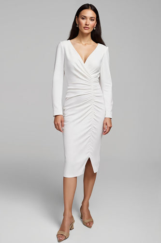 Ivory Satin Sheath Ruched V-Neck Midi Work Dress with Slit