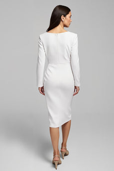 Ivory Satin Sheath Ruched V-Neck Midi Work Dress with Slit