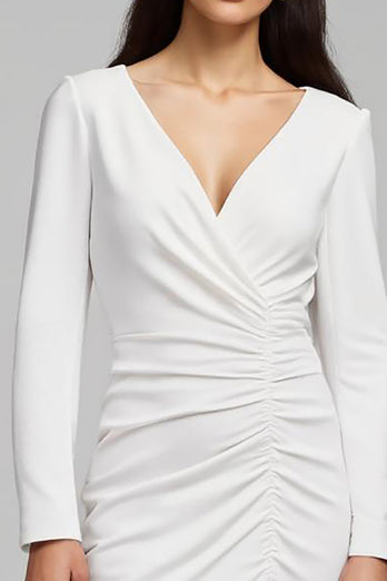 Ivory Satin Sheath Ruched V-Neck Midi Work Dress with Slit