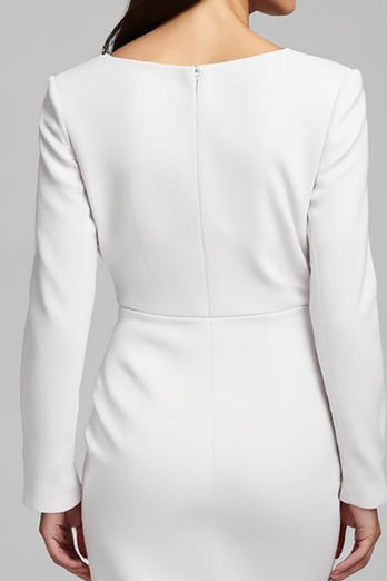 Ivory Satin Sheath Ruched V-Neck Midi Work Dress with Slit