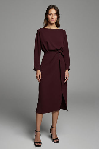 Cabernet Sheath Satin Bateau Long Sleeves Midi Work Dress with Slit