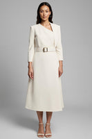 Load image into Gallery viewer, Ivory A Line Asymmetrical Neck Long Sleeves Work Dress with Belt