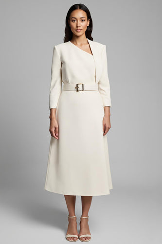 Ivory A Line Asymmetrical Neck Long Sleeves Work Dress with Belt