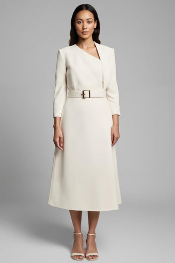 Ivory A Line Asymmetrical Neck Long Sleeves Work Dress with Belt
