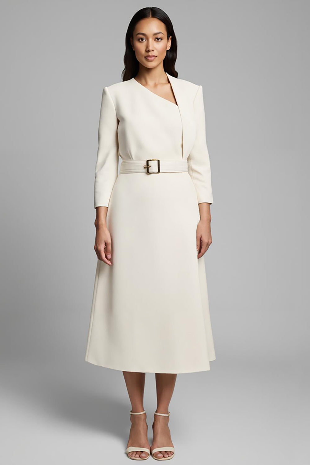 Ivory A Line Asymmetrical Neck Long Sleeves Work Dress with Belt