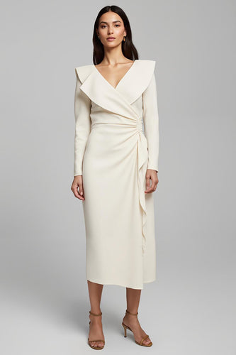 Ivory Sheath Satin V-Neck Long Sleeves Work Dress with Ruffles