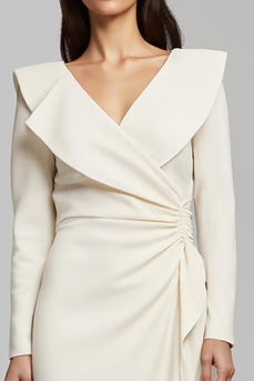 Ivory Sheath Satin V-Neck Long Sleeves Work Dress with Ruffles