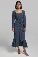 Load image into Gallery viewer, Twilight Sheath Satin Ruched Long Sleeves Work Dress with Ruffles