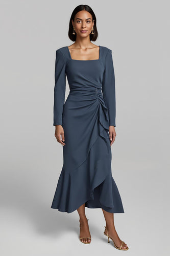 Twilight Sheath Satin Ruched Long Sleeves Work Dress with Ruffles