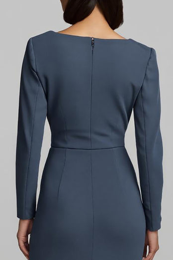 Twilight Sheath Satin Ruched Long Sleeves Work Dress with Ruffles