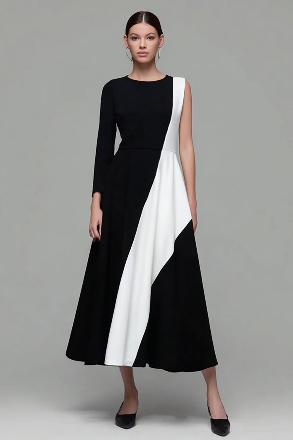 Black and White A Line Jewel Neck Work Dress with Sleeves