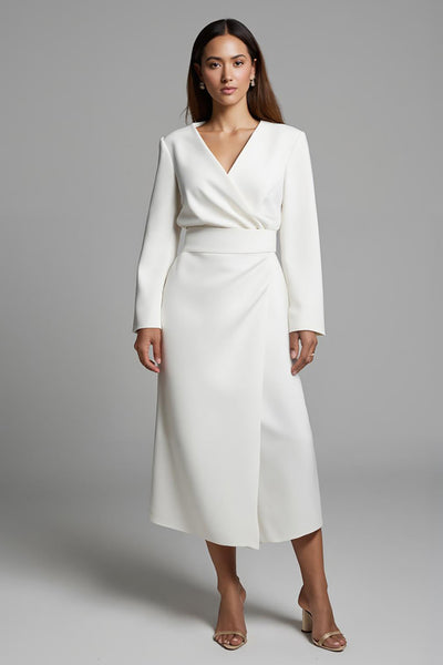 Ivory A Line V-Neck Satin Long Sleeves Work Dress