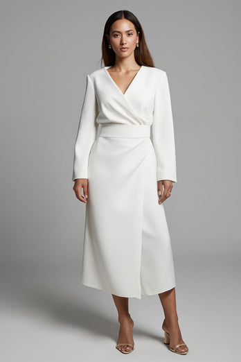Ivory A Line V-Neck Satin Long Sleeves Work Dress