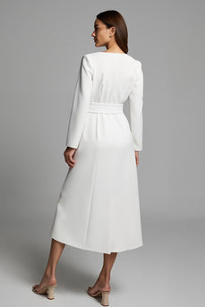 Ivory A Line V-Neck Satin Long Sleeves Work Dress