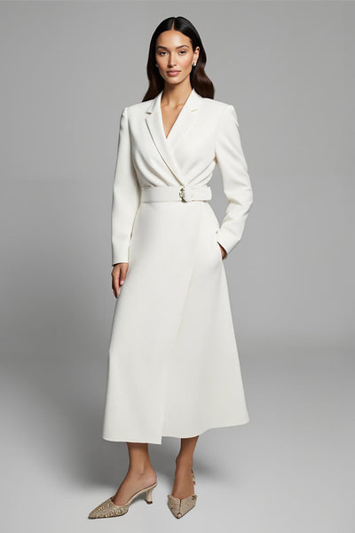 Ivory A Line Notched Lapel Long Blazer Dress with Sleeves