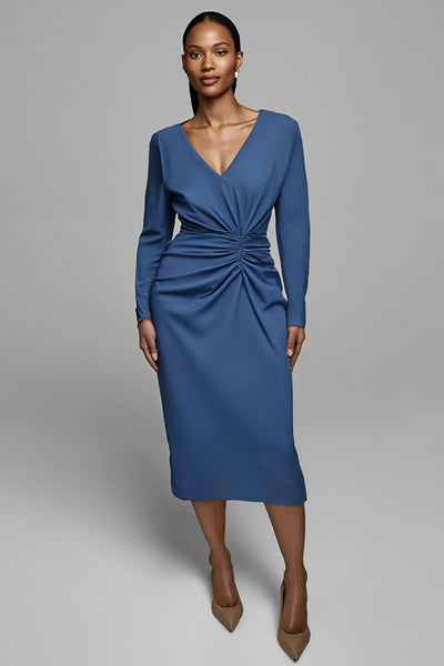 Dusty Blue Satin Sheath Ruched Midi Work Dress with Sleeves