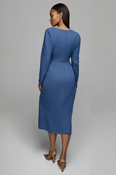 Dusty Blue Satin Sheath Ruched Midi Work Dress with Sleeves