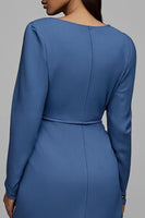 Load image into Gallery viewer, Dusty Blue Satin Sheath Ruched Midi Work Dress with Sleeves
