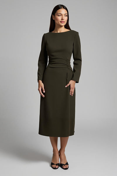 Dark Olive Satin Boat Neck Long Work Dress with Sleeves