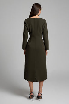 Dark Olive Satin Boat Neck Long Work Dress with Sleeves