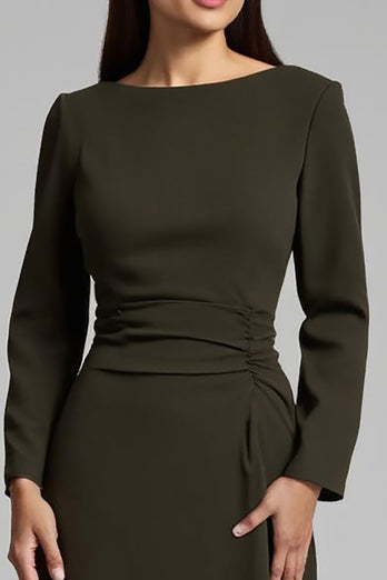 Dark Olive Satin Boat Neck Long Work Dress with Sleeves