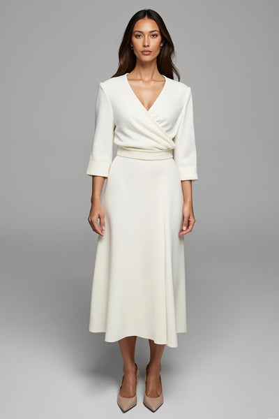 Ivory Satin A Line Ruched Long Work Dress with Sleeves