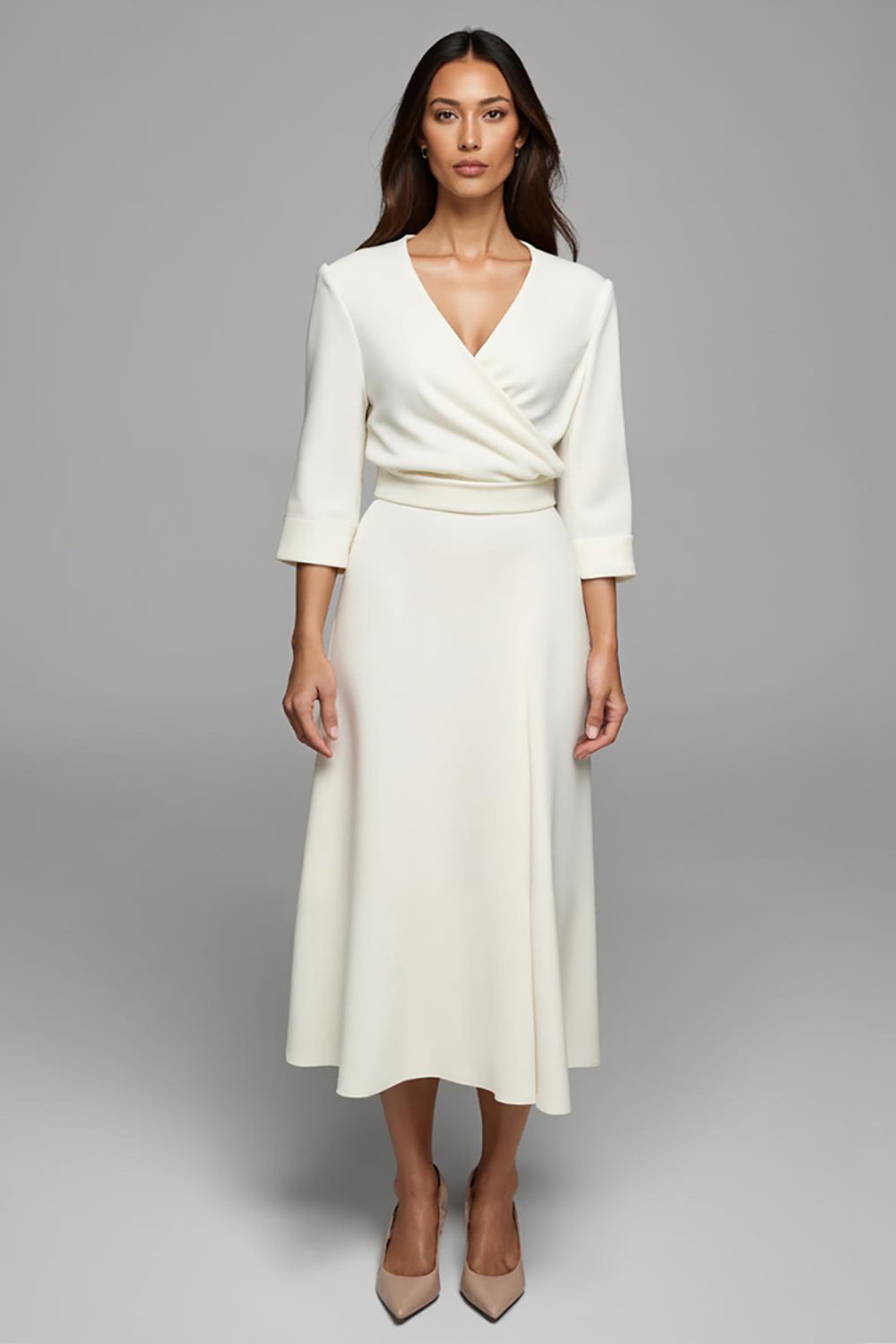 Ivory Satin A Line Ruched Long Work Dress with Sleeves
