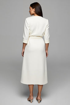 Ivory Satin A Line Ruched Long Work Dress with Sleeves
